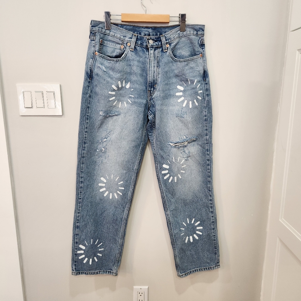 Levis 550 Denim Jeans Distressed Floral Pattern Unique Blue Light Wash 34x32